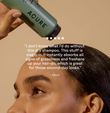 Customer review: "I don't know what I'd do without this dry shampoo. This stuff is magic- it instantly absorbs all signs of greasiness and freshns up your hair-do, which is great for those second-say looks"- Kelly - on Acure Dry Shampoo - Brunette To Dark Hair